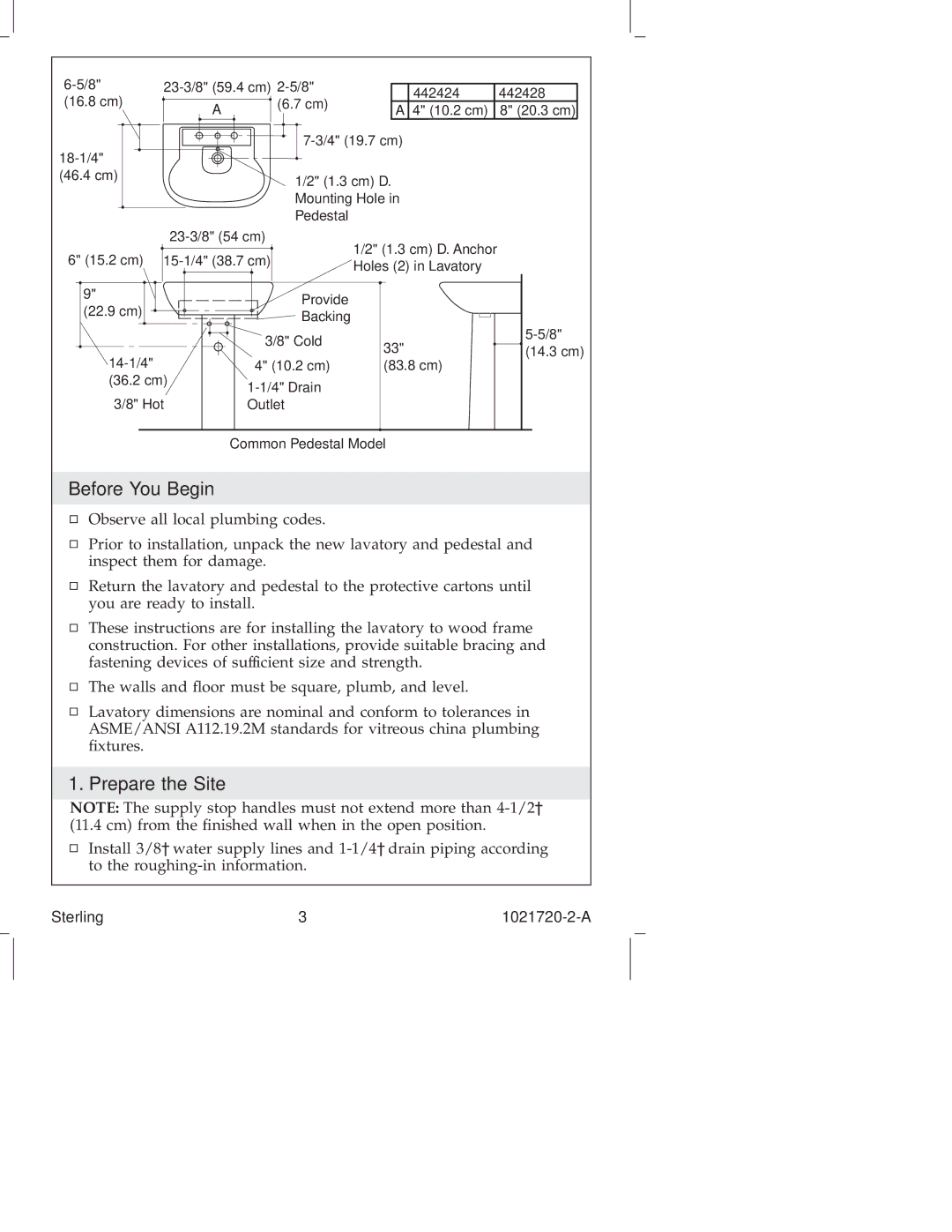 Sterling Plumbing 442424, 442428 manual Before You Begin, Prepare the Site 