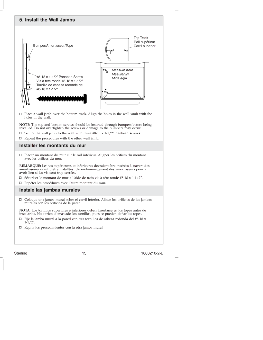 Sterling Plumbing 5400 Series manual Install the Wall Jambs, Installer les montants du mur, Instale las jambas murales 