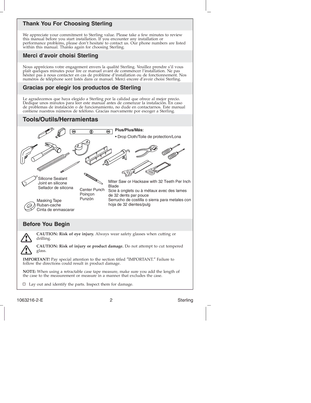 Sterling Plumbing 5400 Series manual Thank You For Choosing Sterling, Merci d’avoir choisi Sterling, Before You Begin 