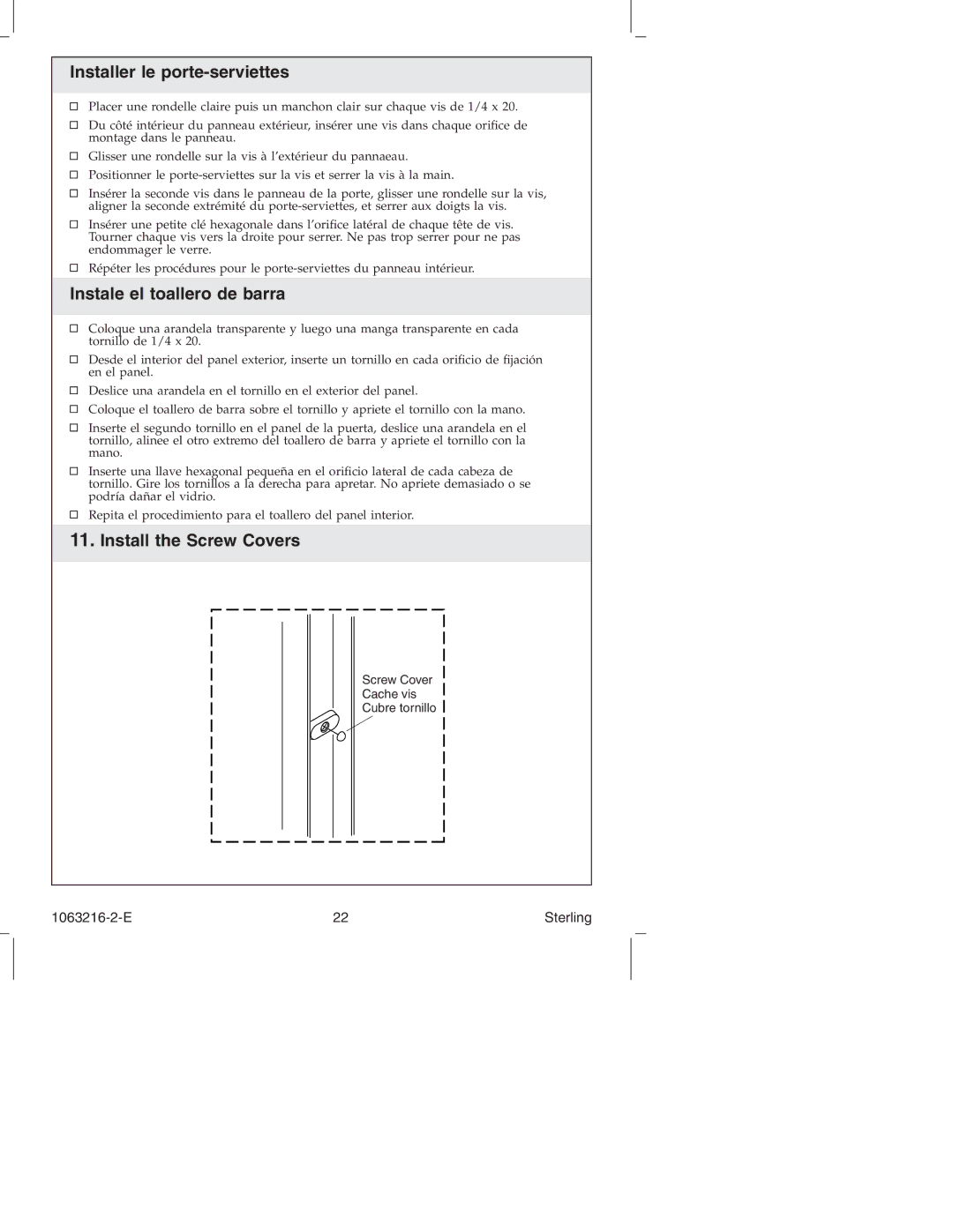 Sterling Plumbing 5400 Series manual Installer le porte-serviettes, Instale el toallero de barra, Install the Screw Covers 