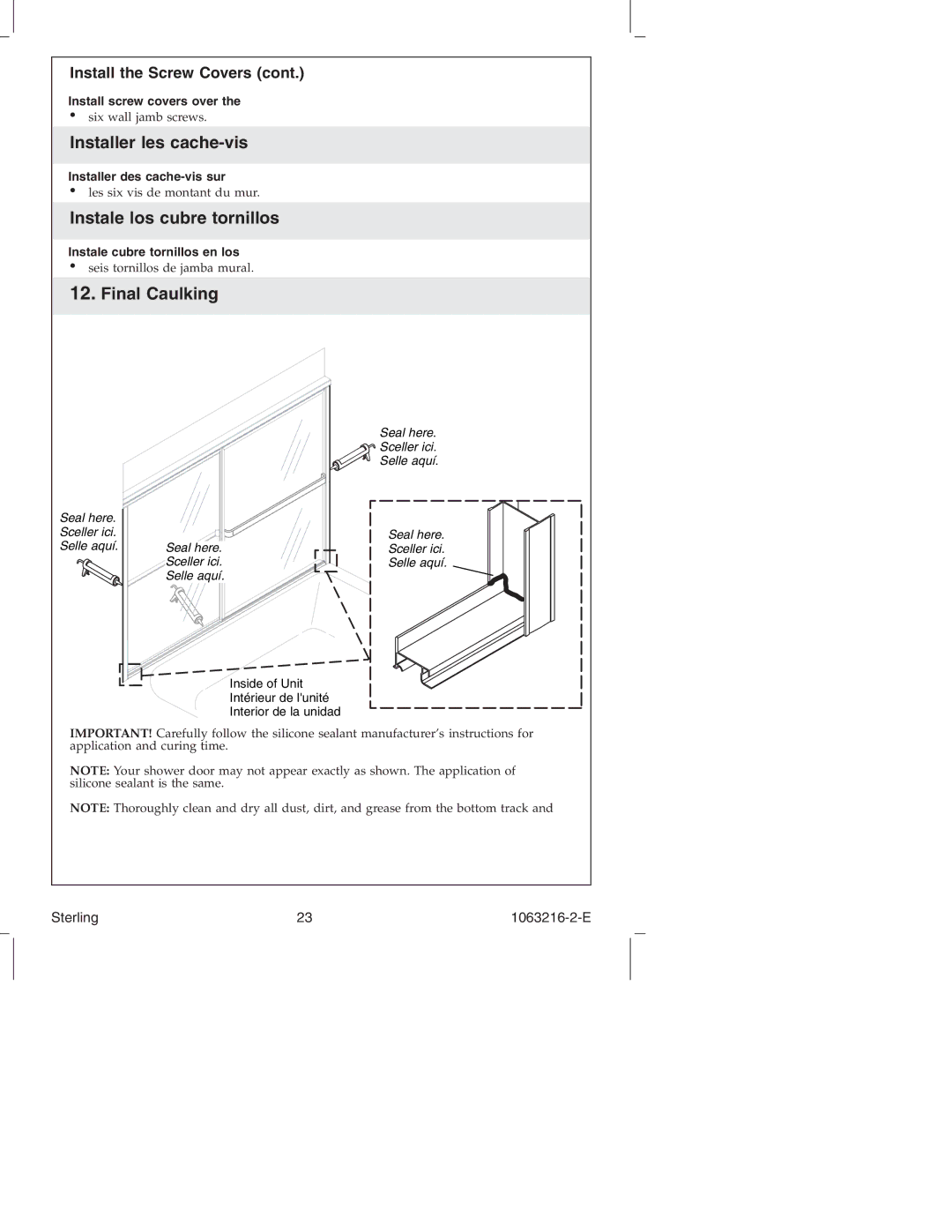 Sterling Plumbing 5400 Series manual Installer les cache-vis, Instale los cubre tornillos, Final Caulking 