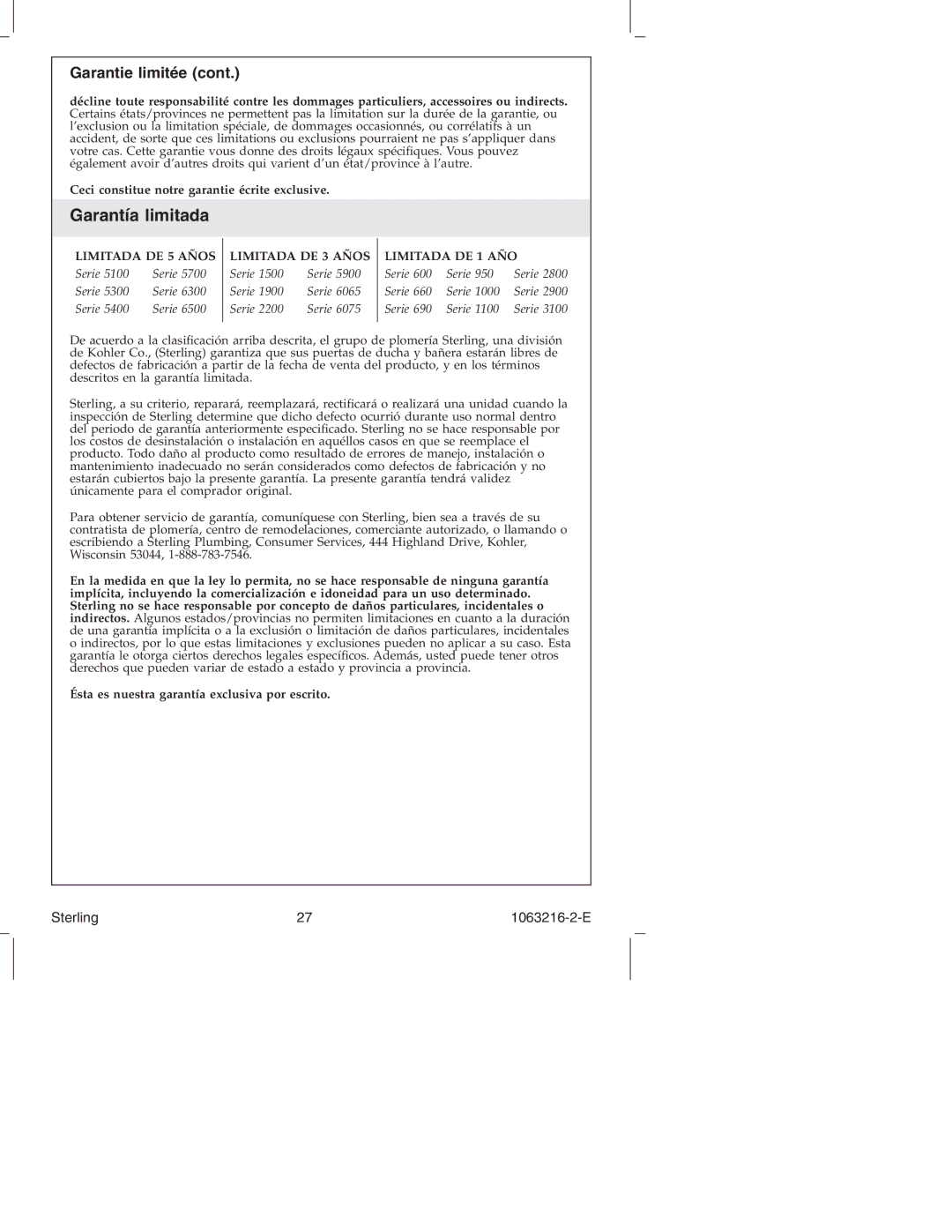 Sterling Plumbing 5400 Series manual Garantía limitada, Garantie limitée 