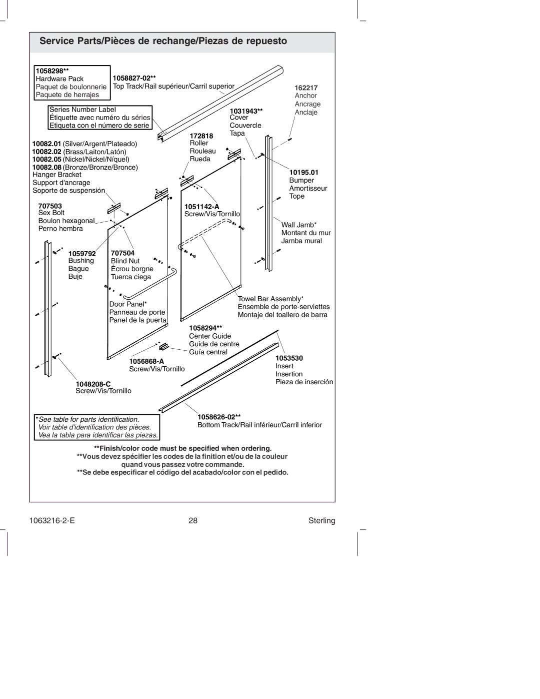 Sterling Plumbing 5400 Series manual Service Parts/Pièces de rechange/Piezas de repuesto, 1058298 1058827-02 