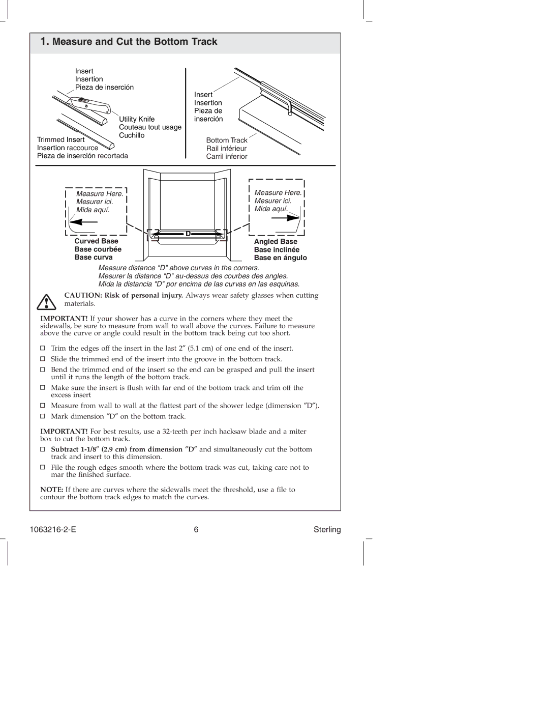 Sterling Plumbing 5400 Series manual Measure and Cut the Bottom Track, Angled Base Base inclinée Base en ángulo 