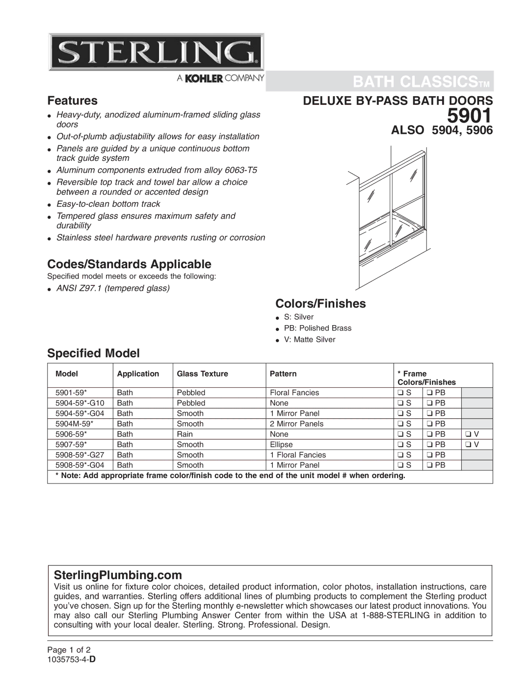 Sterling Plumbing 5907-59*, 5904-59*-G10, 5908-59*-G04, 5906-59*, 5904-59*-G04, 5904M-59* installation instructions 5901 