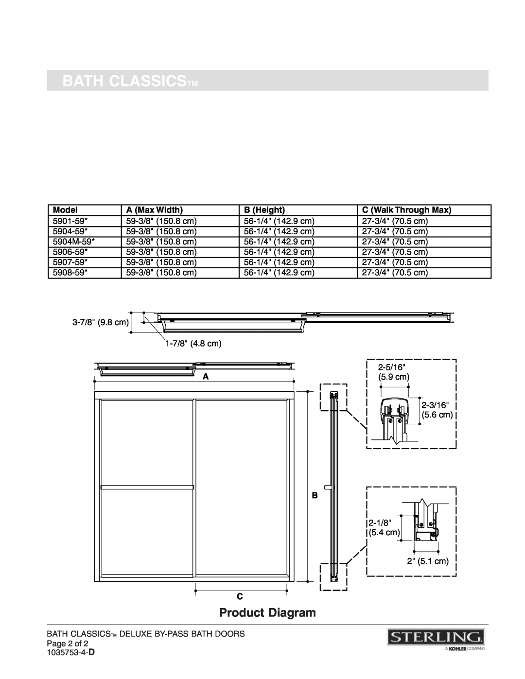 Sterling Plumbing 5908-59*-G04 Product Diagram, Bath Classicstm, Model, A Max Width, B Height, C Walk Through Max 