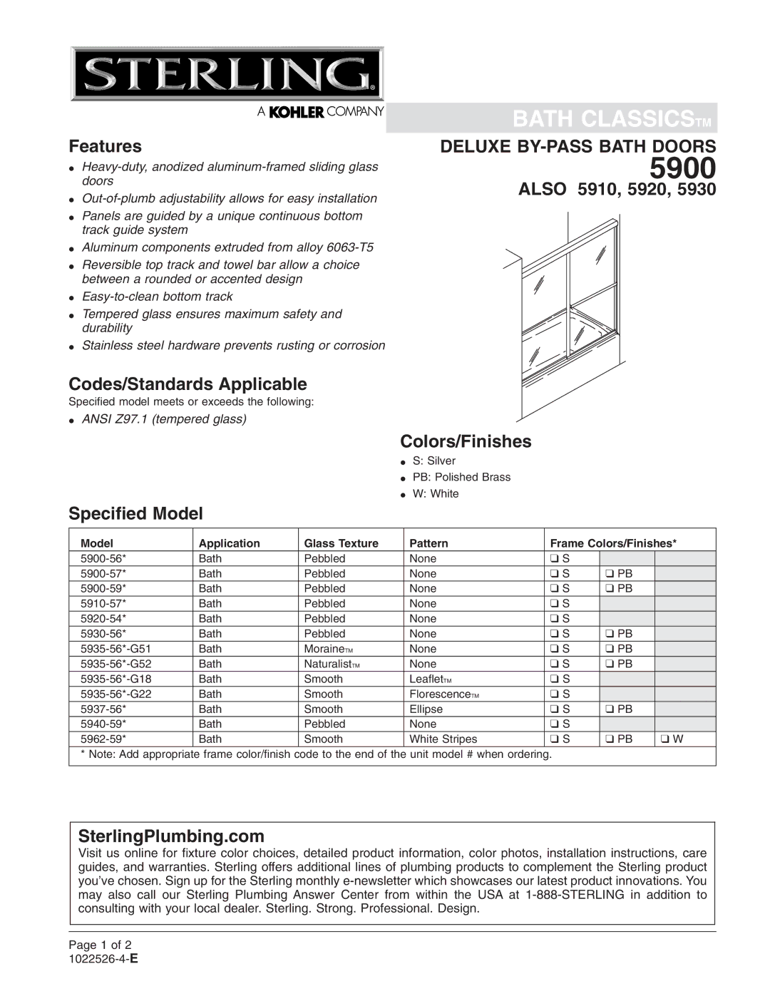 Sterling Plumbing 5935-56*-G52, 5937-56*, 5962-59*, 5900-59*, 5935-56*-G22, 5910-57*, 5940-59* installation instructions 