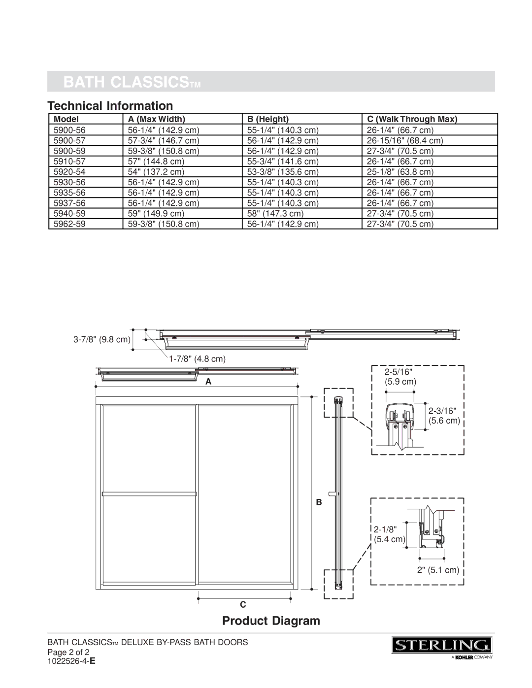 Sterling Plumbing 5962-59*, 5937-56* Technical Information, Product Diagram, Model Max Width Height Walk Through Max 