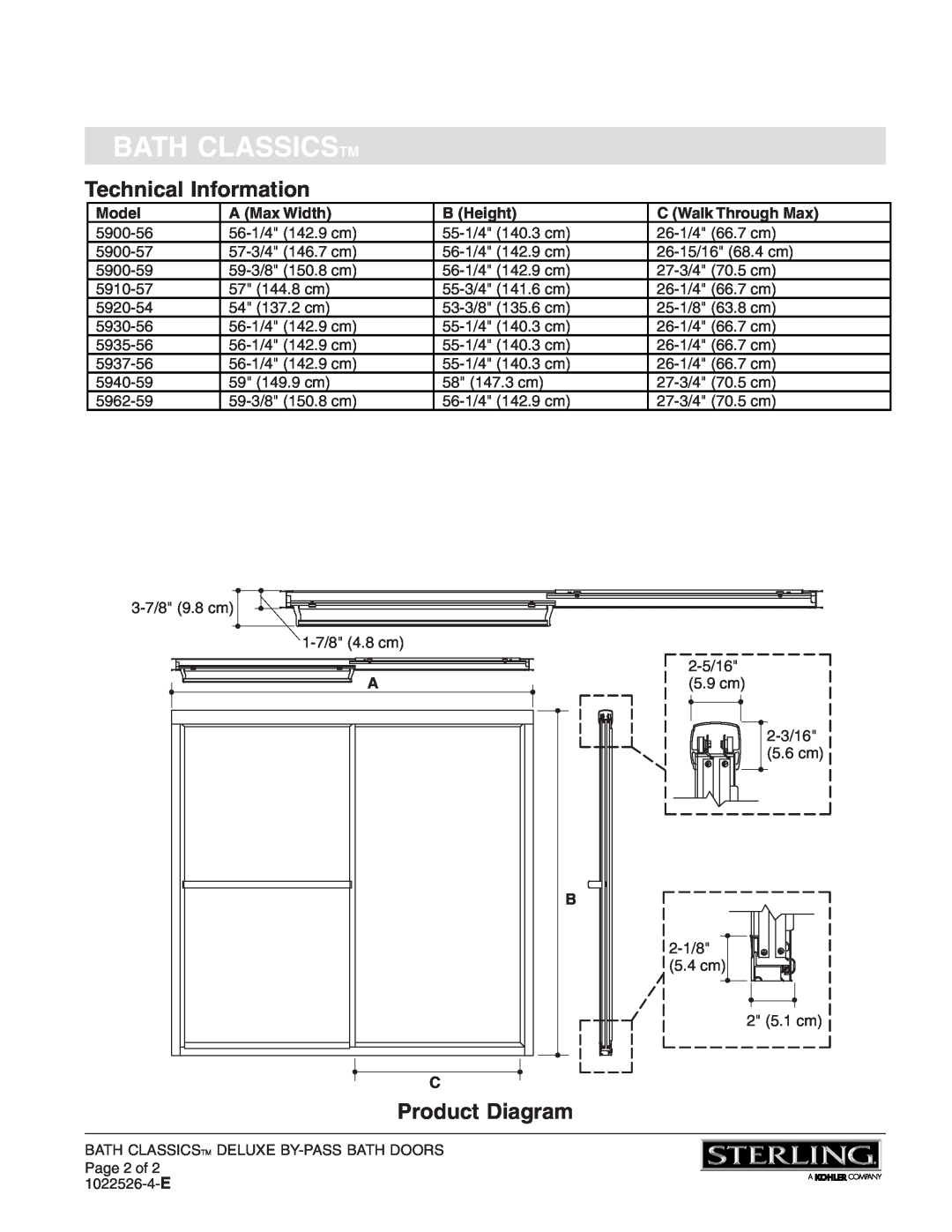 Sterling Plumbing 5962-59*, 5937-56* Technical Information, Product Diagram, Bath Classicstm, Model, A Max Width, B Height 