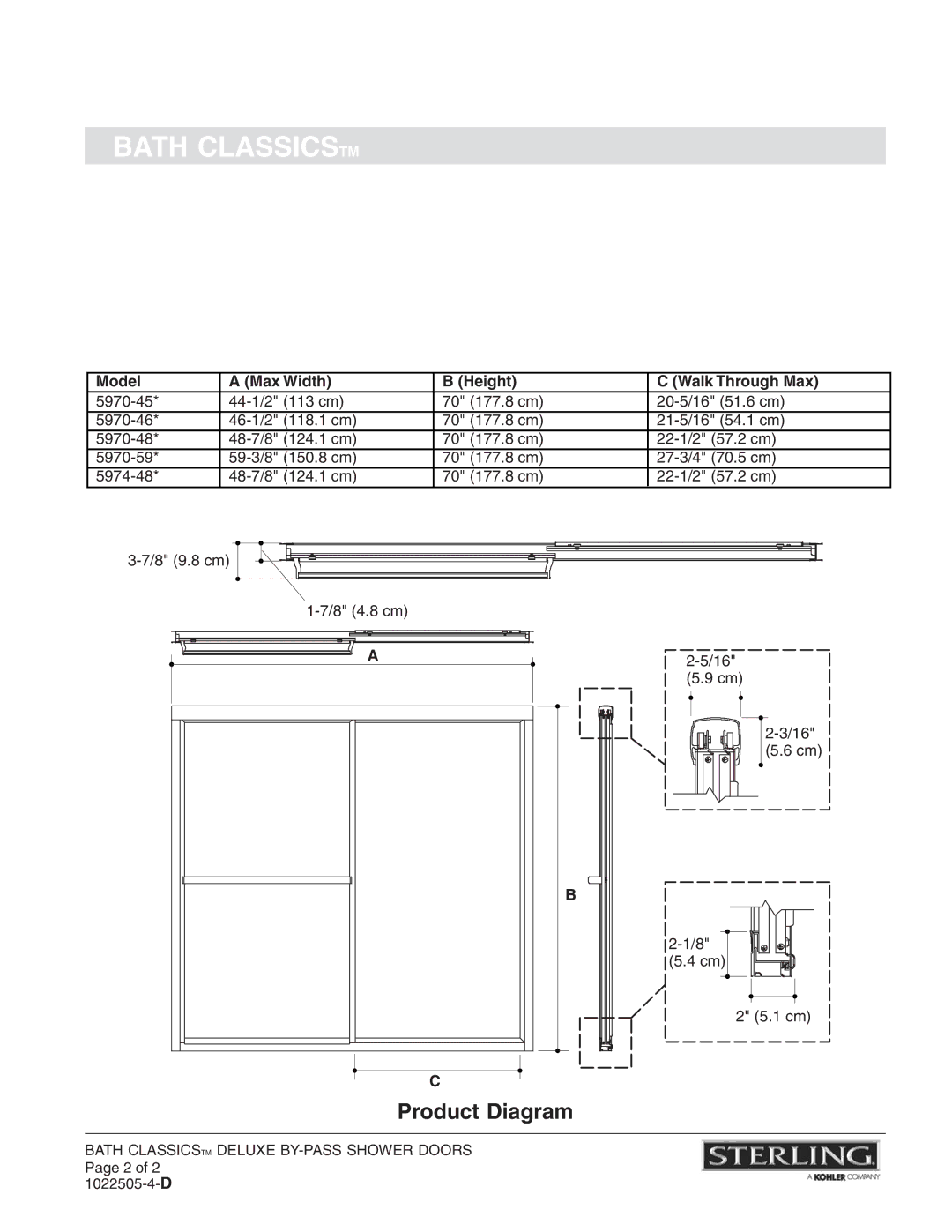 Sterling Plumbing 5970 installation instructions Product Diagram, Model Max Width Height Walk Through Max 