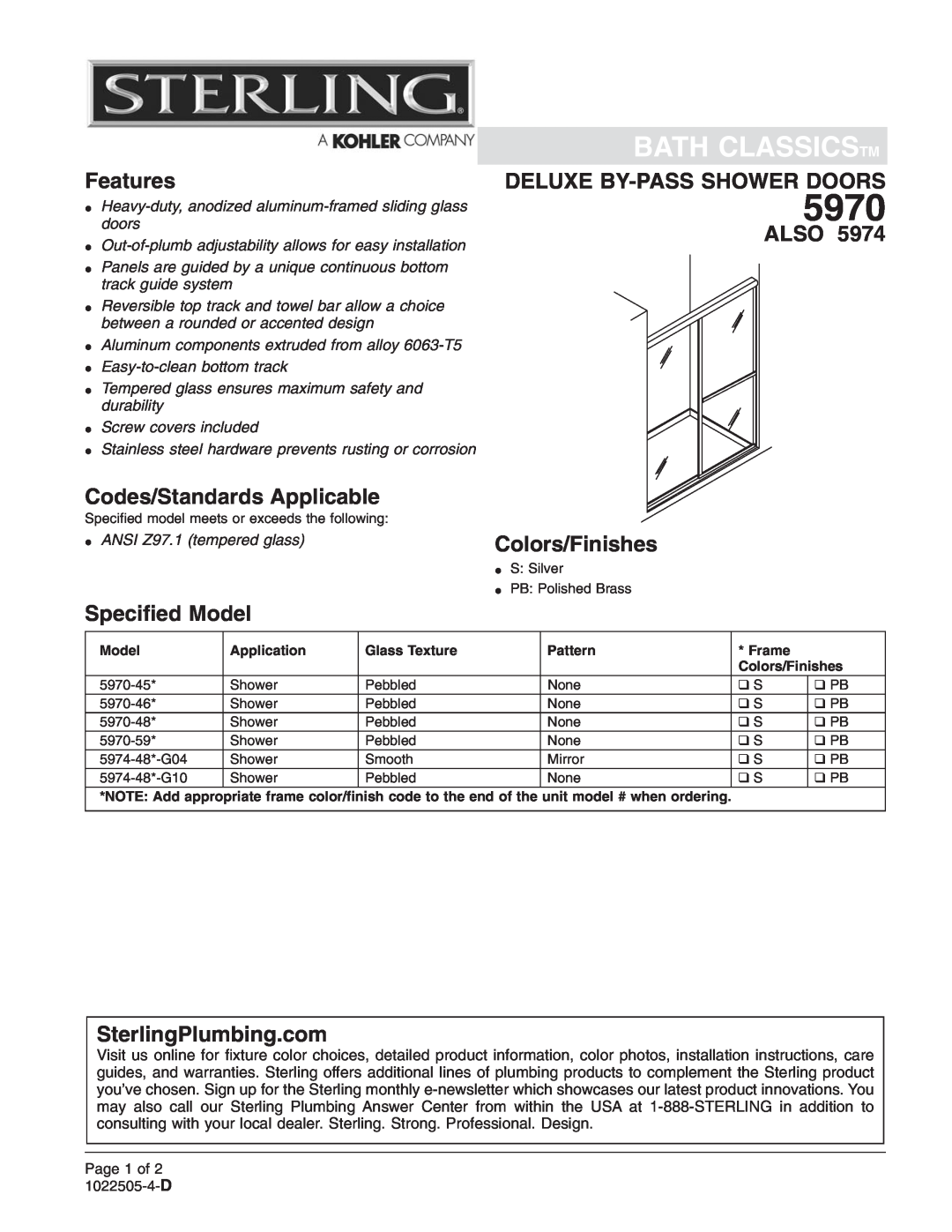 Sterling Plumbing 5970 installation instructions Bath Classicstm, Features, Codes/Standards Applicable, Also 