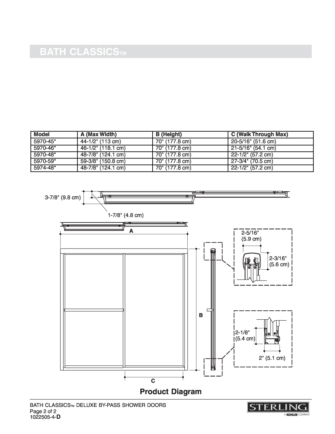 Sterling Plumbing 5970 Product Diagram, Bath Classicstm, Model, A Max Width, B Height, C Walk Through Max 