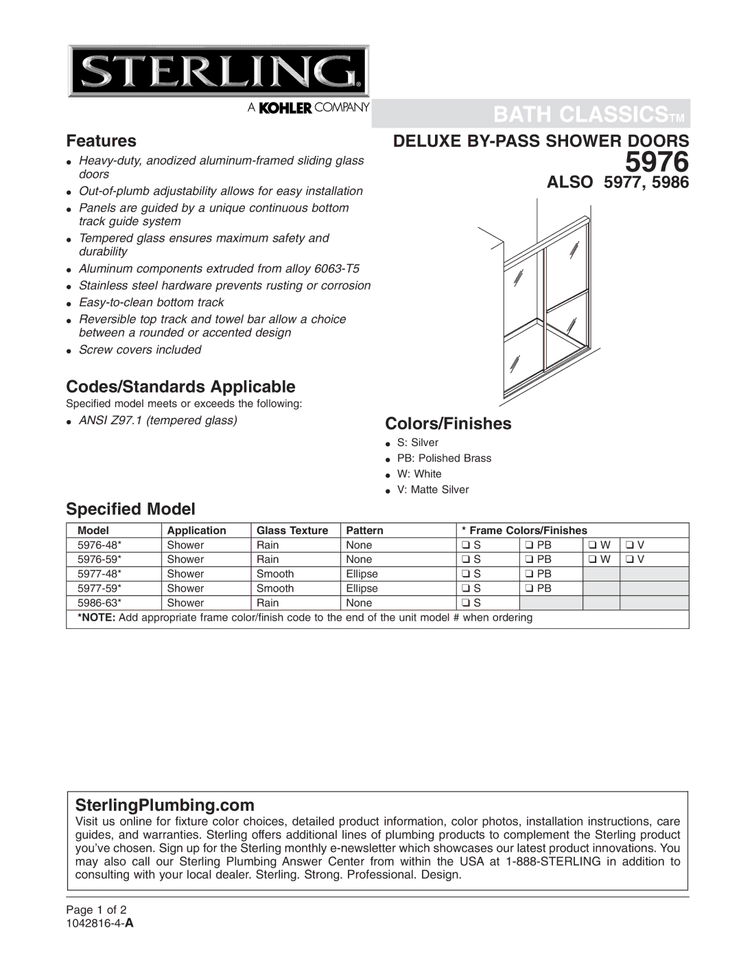 Sterling Plumbing 5976, 5977, 5986 installation instructions 