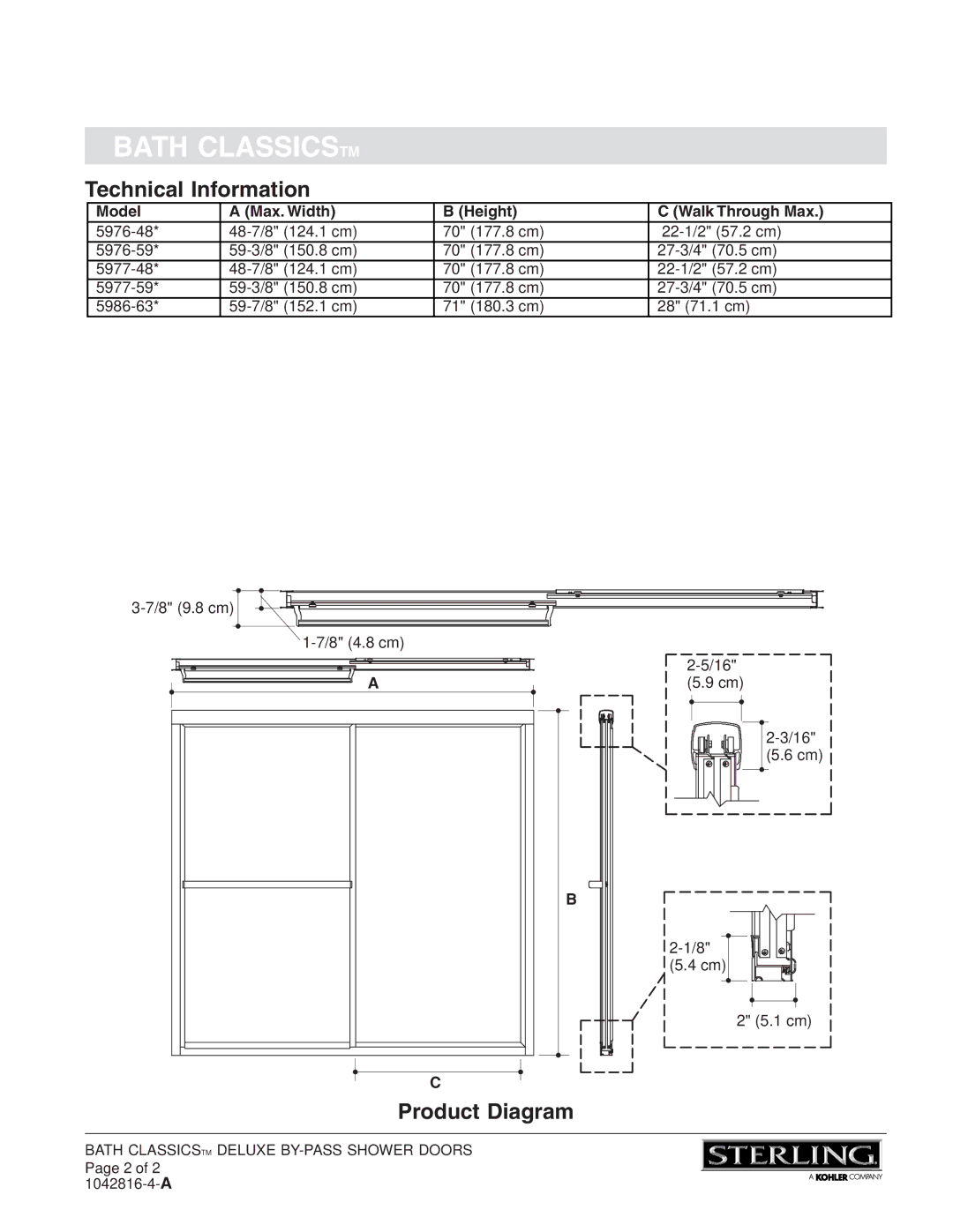 Sterling Plumbing 5986, 5977, 5976 Technical Information, Product Diagram, Model Max. Width Height Walk Through Max 