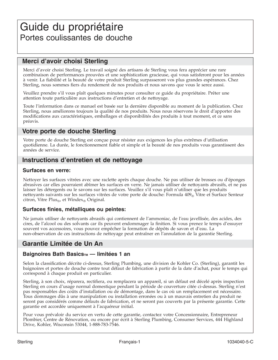 Sterling Plumbing 600C Series manual Guide du propriétaire, Portes coulissantes de douche 