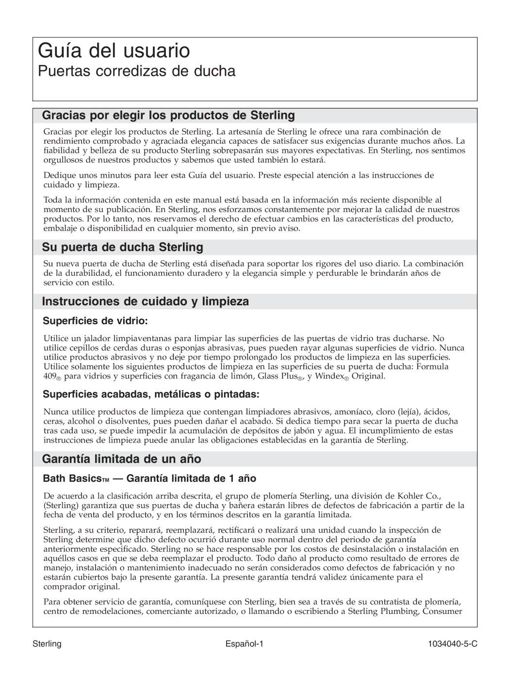 Sterling Plumbing 600C Series manual Guía del usuario, Puertas corredizas de ducha 