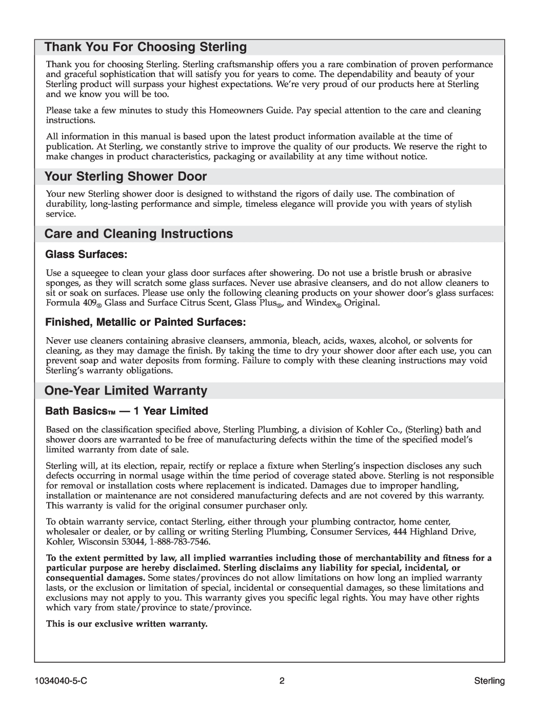 Sterling Plumbing 600C Series Thank You For Choosing Sterling, Your Sterling Shower Door, Care and Cleaning Instructions 