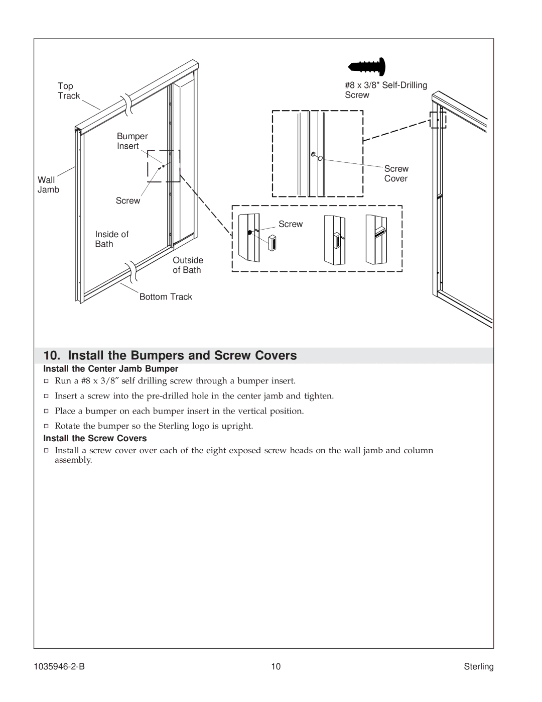 Sterling Plumbing 6075 Install the Bumpers and Screw Covers, Install the Center Jamb Bumper, Install the Screw Covers 