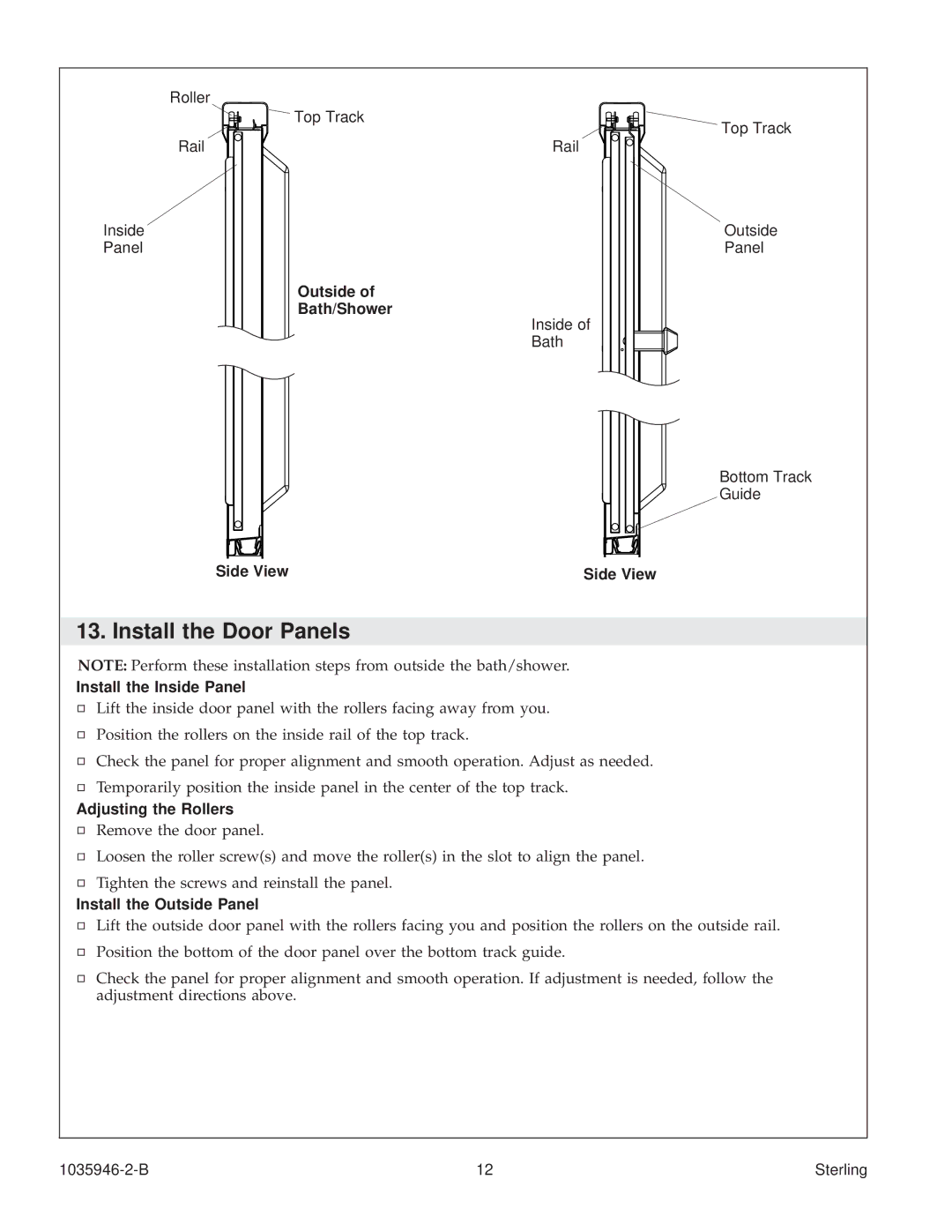 Sterling Plumbing 6075, 6065 manual Install the Door Panels 