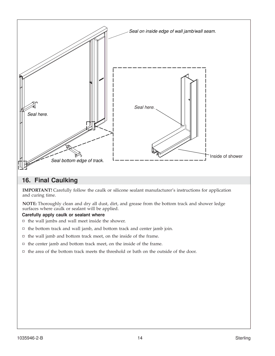 Sterling Plumbing 6075, 6065 manual Final Caulking, Carefully apply caulk or sealant where 