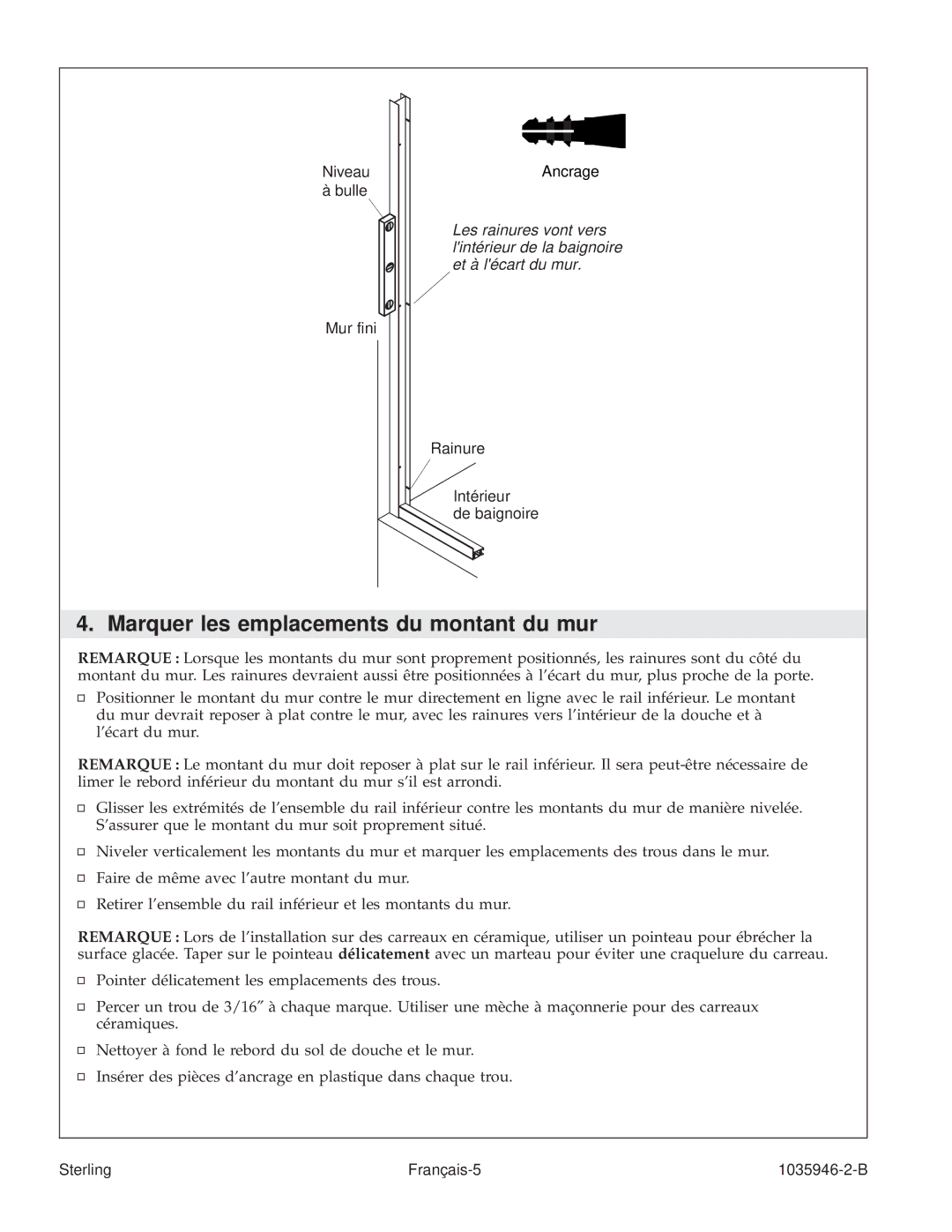 Sterling Plumbing 6065, 6075 manual Marquer les emplacements du montant du mur 