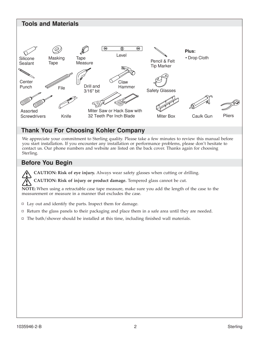 Sterling Plumbing 6075, 6065 manual Tools and Materials, Thank You For Choosing Kohler Company, Before You Begin, Plus 