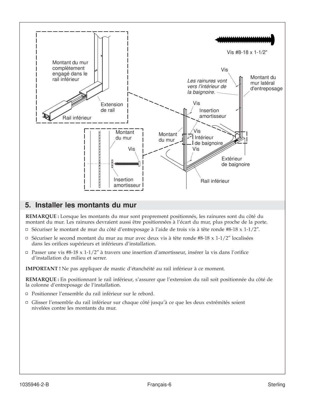 Sterling Plumbing 6075, 6065 manual Installer les montants du mur, La baignoire 