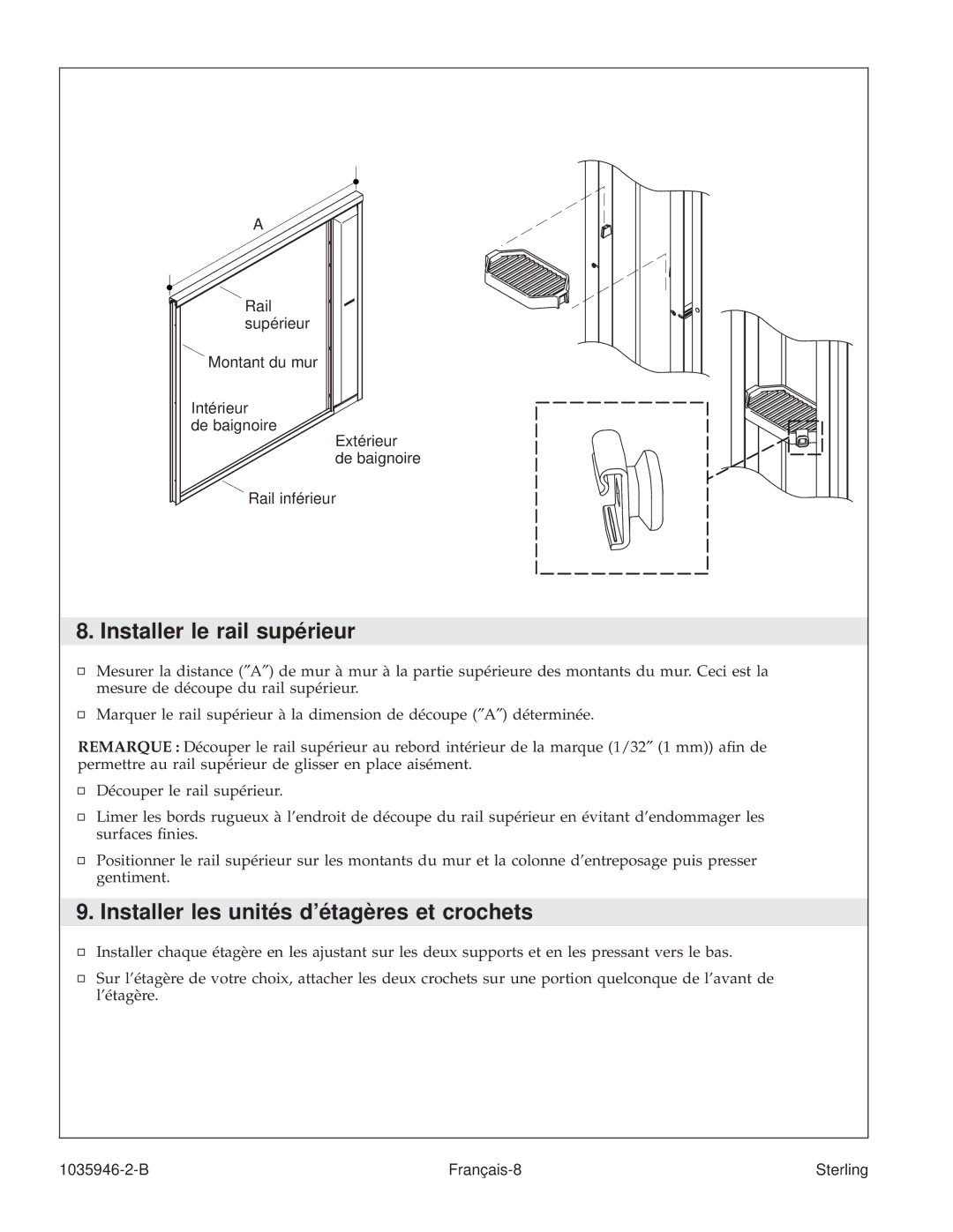 Sterling Plumbing 6075, 6065 manual Installer le rail supérieur, Installer les unités détagères et crochets 