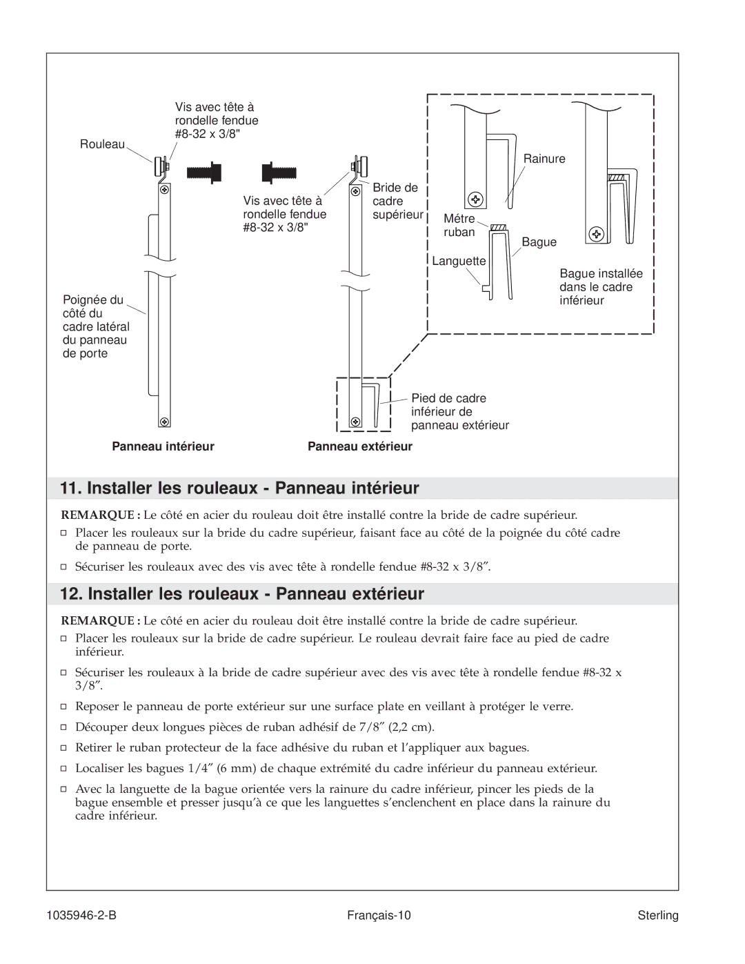 Sterling Plumbing 6075, 6065 manual Installer les rouleaux Panneau intérieur, Installer les rouleaux Panneau extérieur 