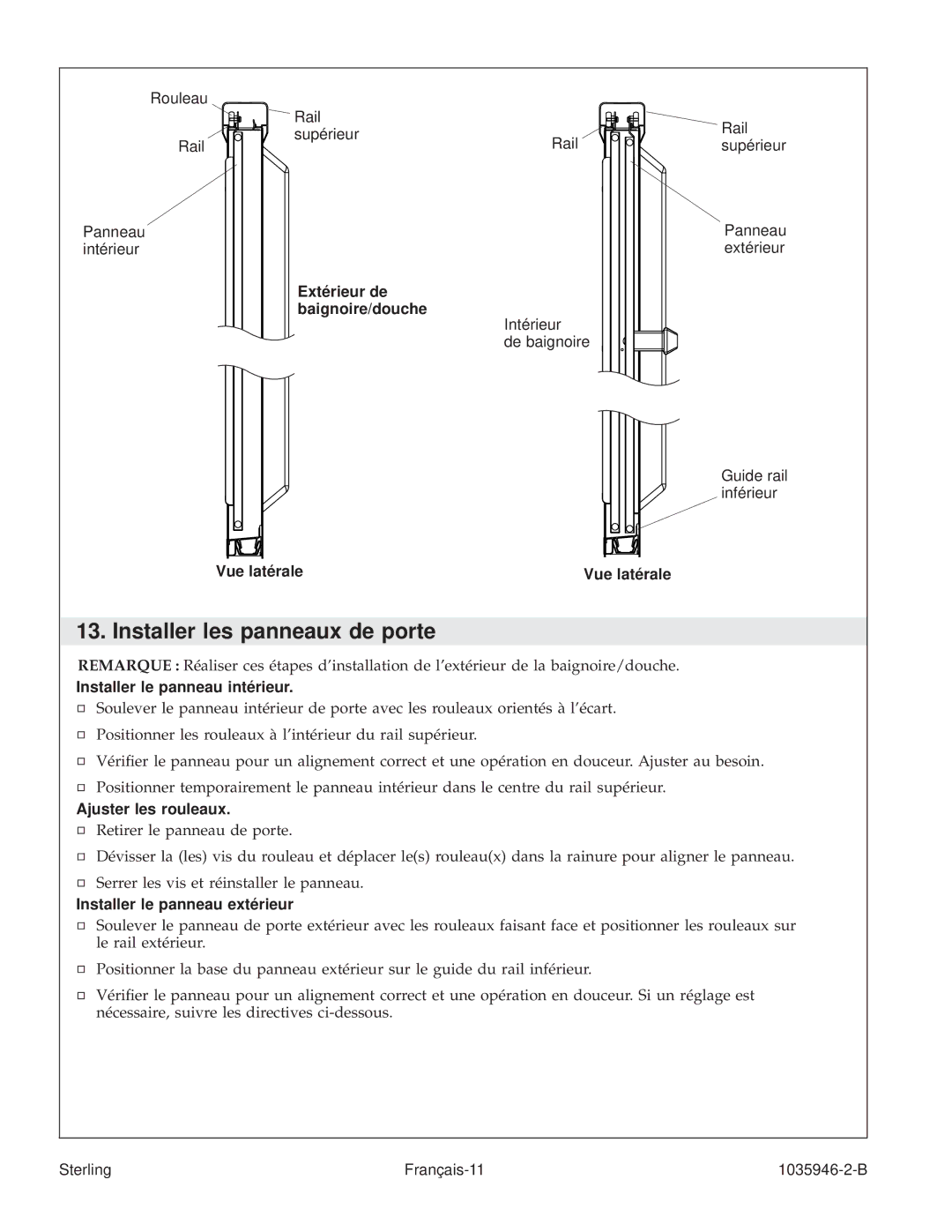 Sterling Plumbing 6065, 6075 manual Installer les panneaux de porte 