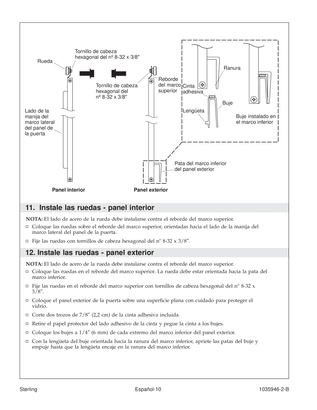 Sterling Plumbing 6065, 6075 manual Instale las ruedas panel interior, Instale las ruedas panel exterior, Panel interior 