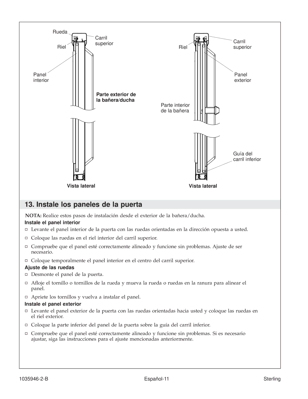 Sterling Plumbing 6075, 6065 manual Instale los paneles de la puerta 