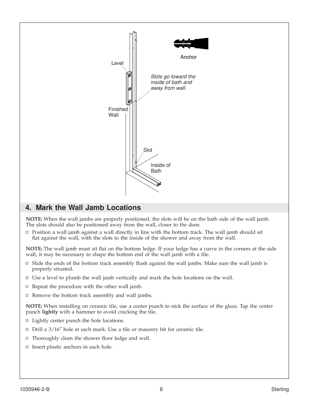 Sterling Plumbing 6075, 6065 manual Mark the Wall Jamb Locations 