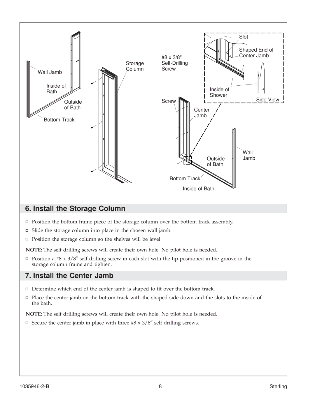 Sterling Plumbing 6075, 6065 manual Install the Storage Column, Install the Center Jamb 