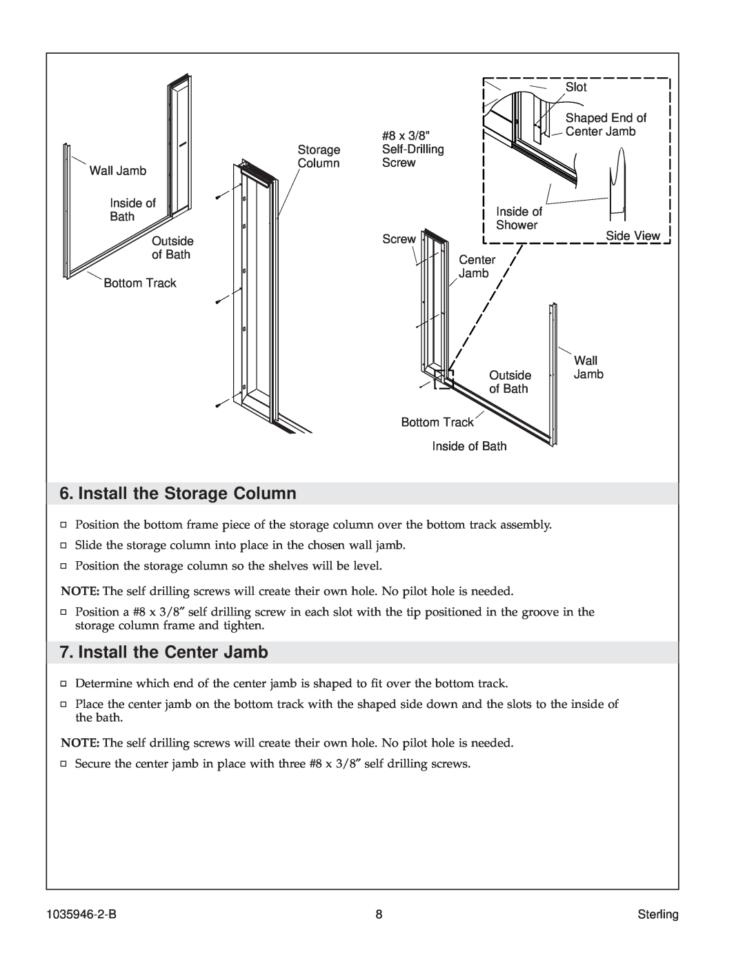 Sterling Plumbing 6075, 6065 manual Install the Storage Column, Install the Center Jamb 