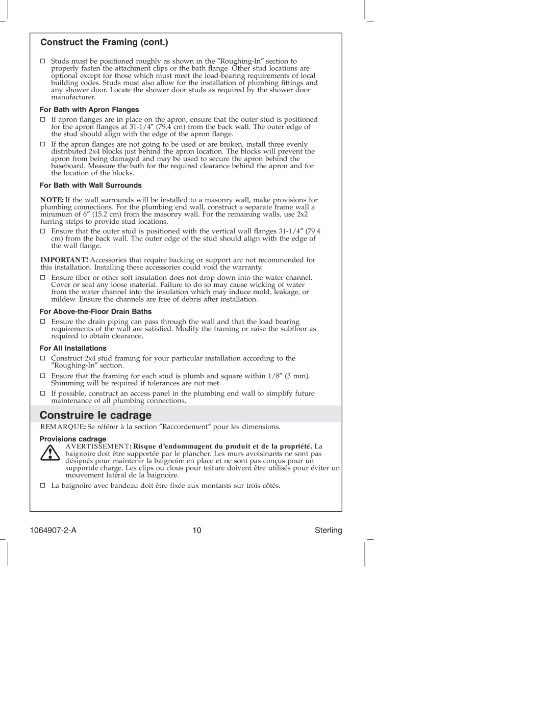 Sterling Plumbing 6103 Series manual Construire le cadrage, Construct the Framing 