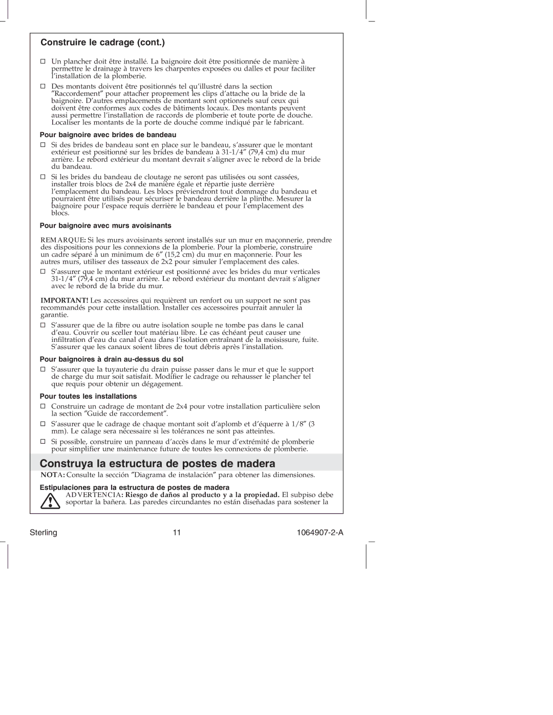 Sterling Plumbing 6103 Series manual Construya la estructura de postes de madera, Construire le cadrage 