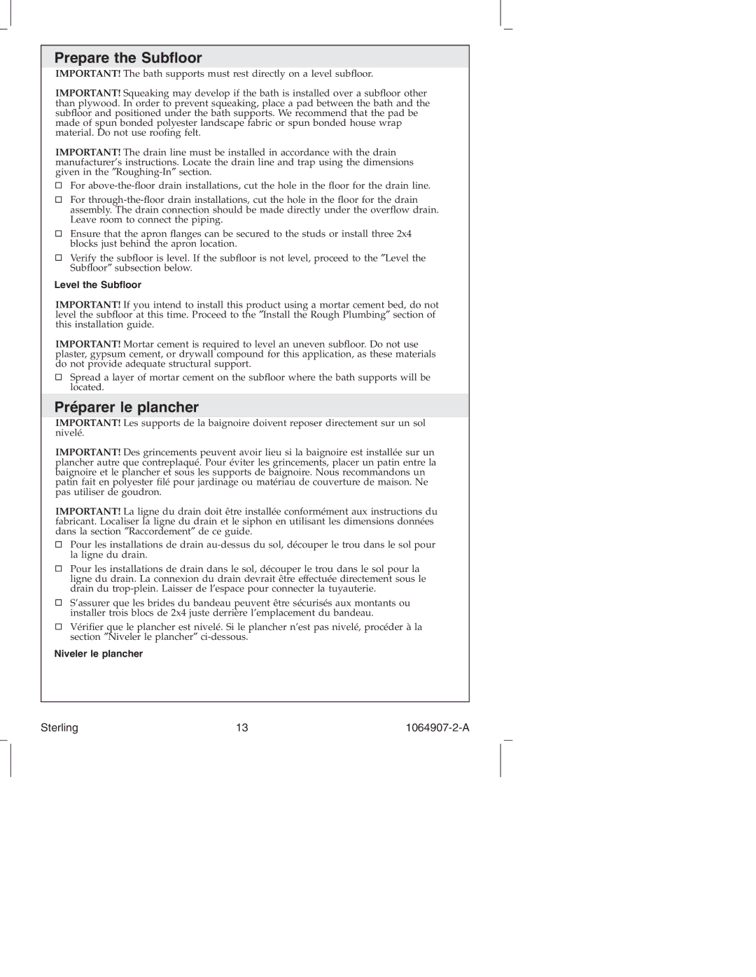 Sterling Plumbing 6103 Series manual Prepare the Subﬂoor, Préparer le plancher, Level the Subﬂoor, Niveler le plancher 