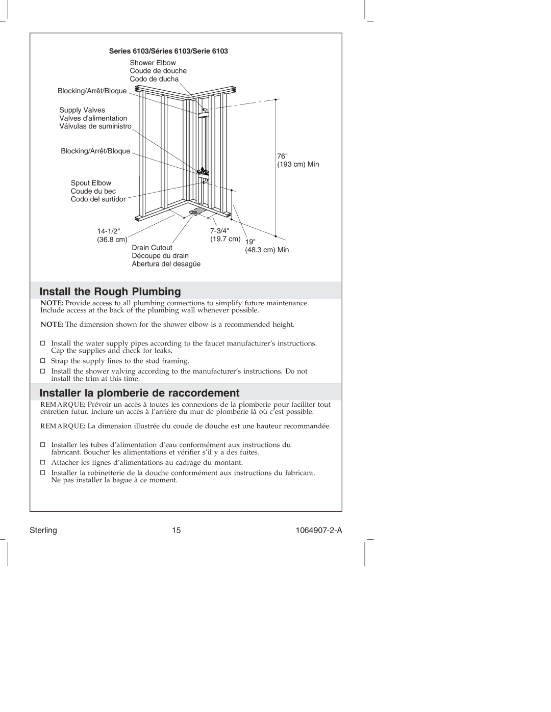 Sterling Plumbing 6103 Series manual Install the Rough Plumbing, Installer la plomberie de raccordement 