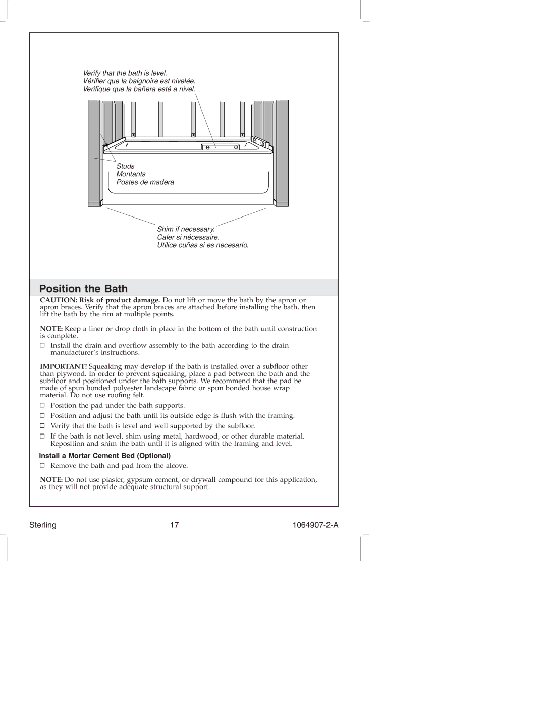 Sterling Plumbing 6103 Series manual Position the Bath, Install a Mortar Cement Bed Optional 