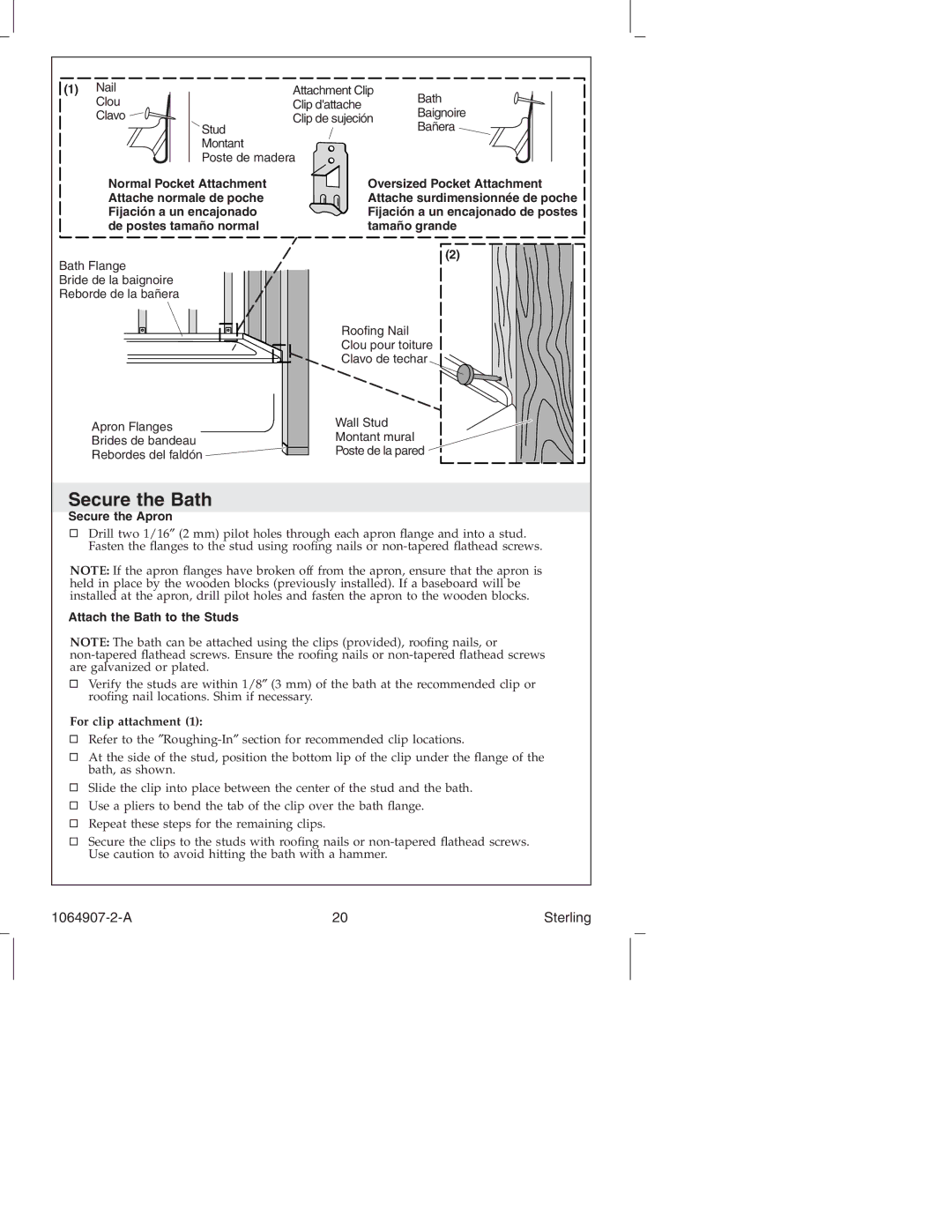 Sterling Plumbing 6103 Series Secure the Bath, Nail, Secure the Apron, Attach the Bath to the Studs, For clip attachment 