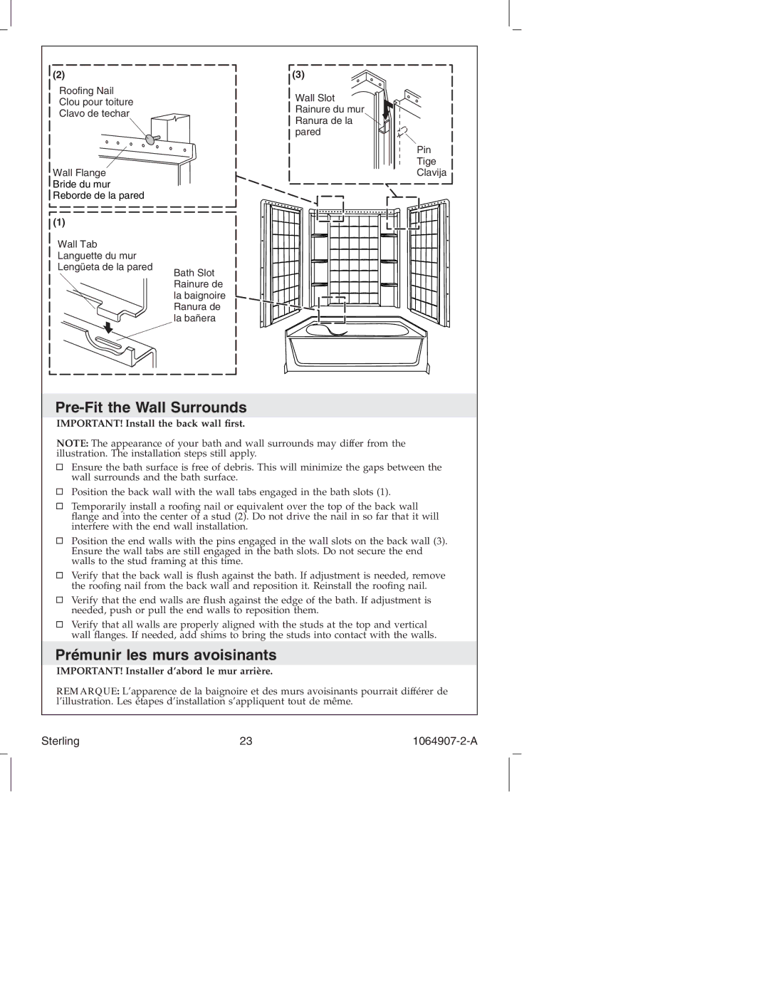 Sterling Plumbing 6103 Series manual Pre-Fit the Wall Surrounds, Prémunir les murs avoisinants 