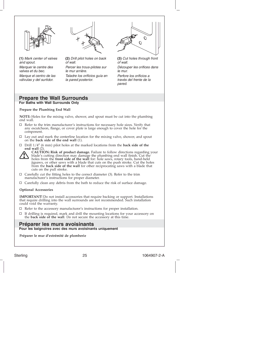 Sterling Plumbing 6103 Series manual Prepare the Wall Surrounds, Préparer les murs avoisinants 