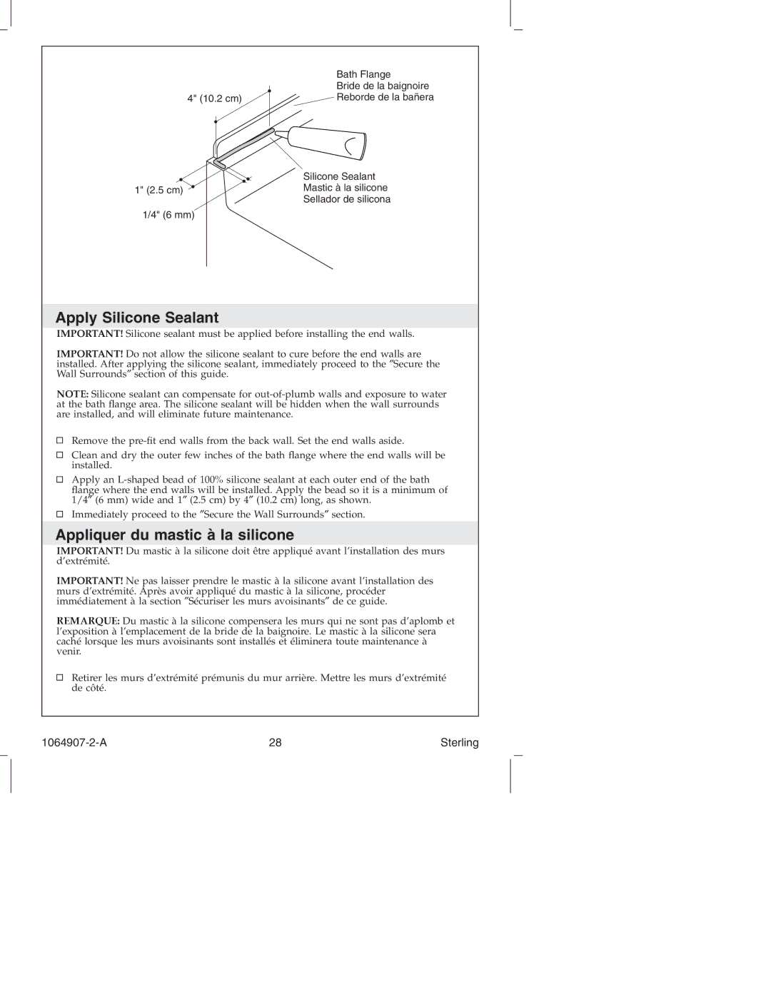 Sterling Plumbing 6103 Series manual Apply Silicone Sealant, Appliquer du mastic à la silicone 