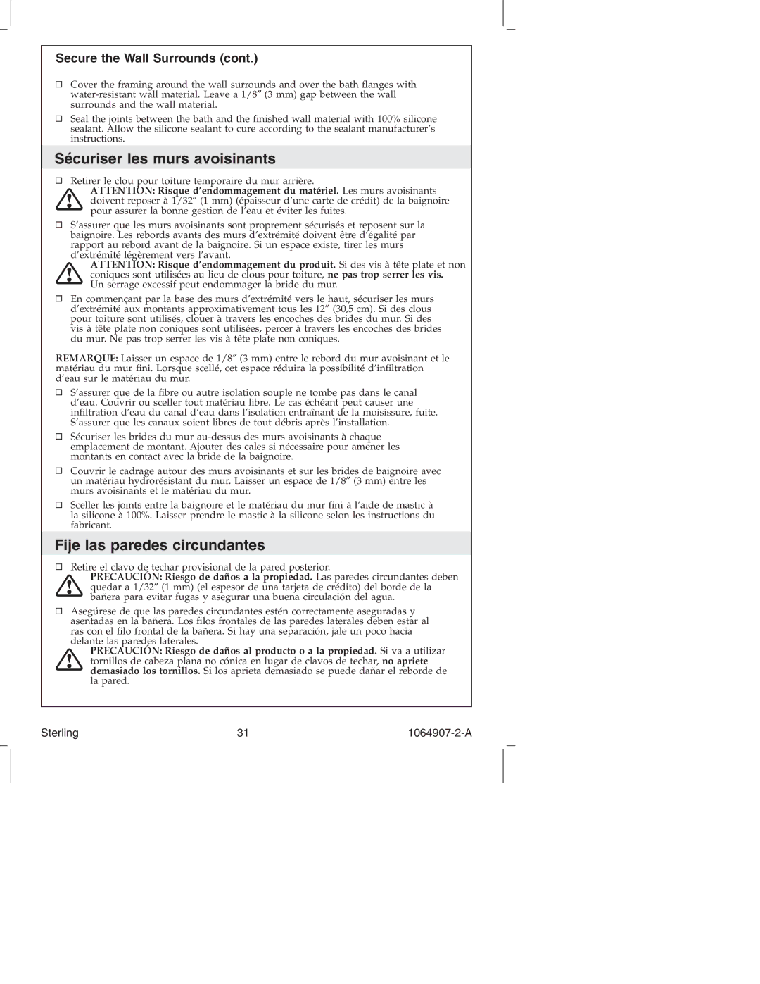Sterling Plumbing 6103 Series Sécuriser les murs avoisinants, Fije las paredes circundantes, Secure the Wall Surrounds 