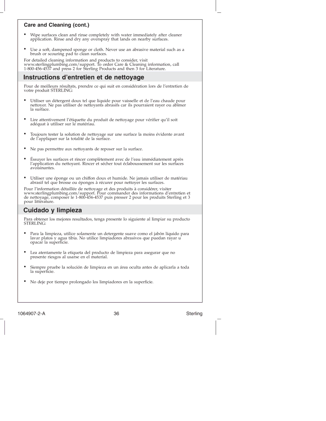 Sterling Plumbing 6103 Series manual Instructions d’entretien et de nettoyage, Cuidado y limpieza, Care and Cleaning 