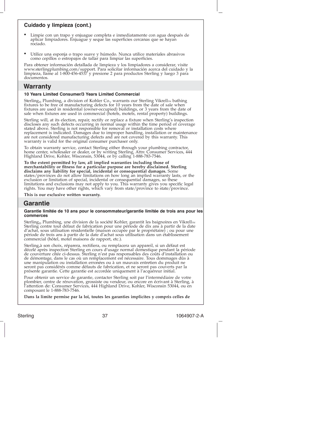Sterling Plumbing 6103 Series Warranty, Garantie, Cuidado y limpieza, Years Limited Consumer/3 Years Limited Commercial 