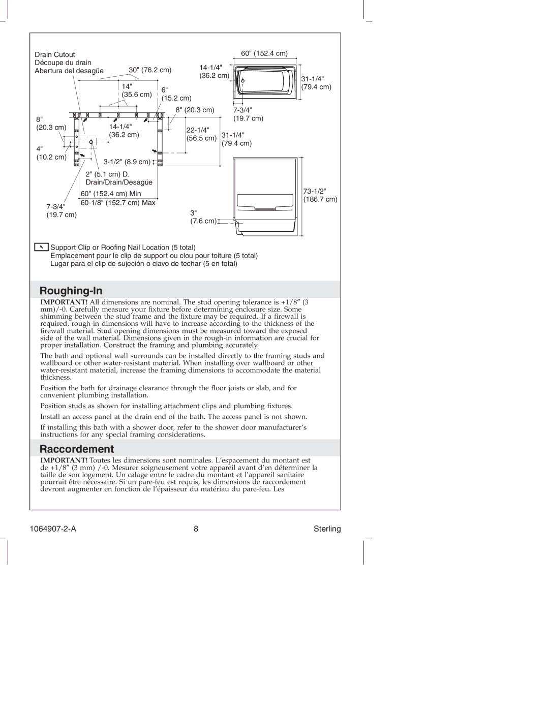 Sterling Plumbing 6103 Series manual Roughing-In, Raccordement 