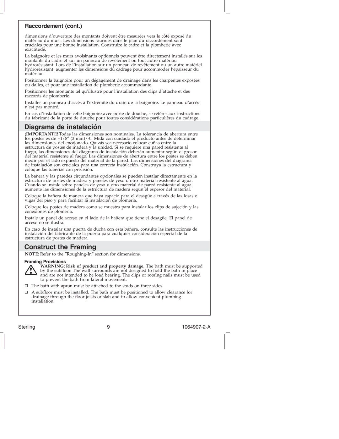 Sterling Plumbing 6103 Series manual Diagrama de instalación, Construct the Framing, Raccordement, Framing Provisions 