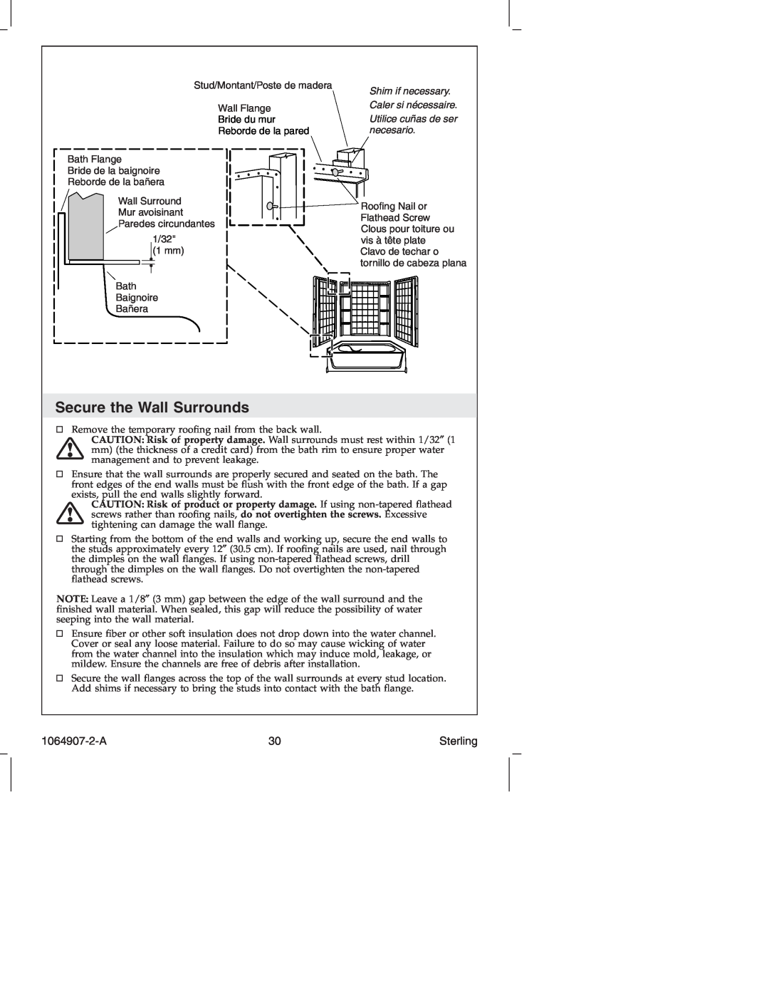 Sterling Plumbing 6103 Series manual Secure the Wall Surrounds, 1064907-2-A, Shim if necessary, necesario 